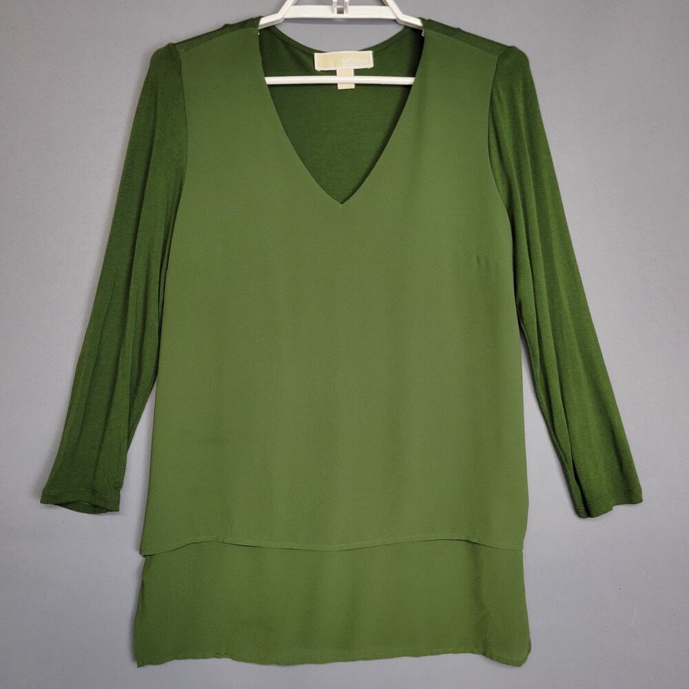 Michael Kors High Low Top Womens XS Green Tunic‎ Long Sleeve V-Neck Blouse